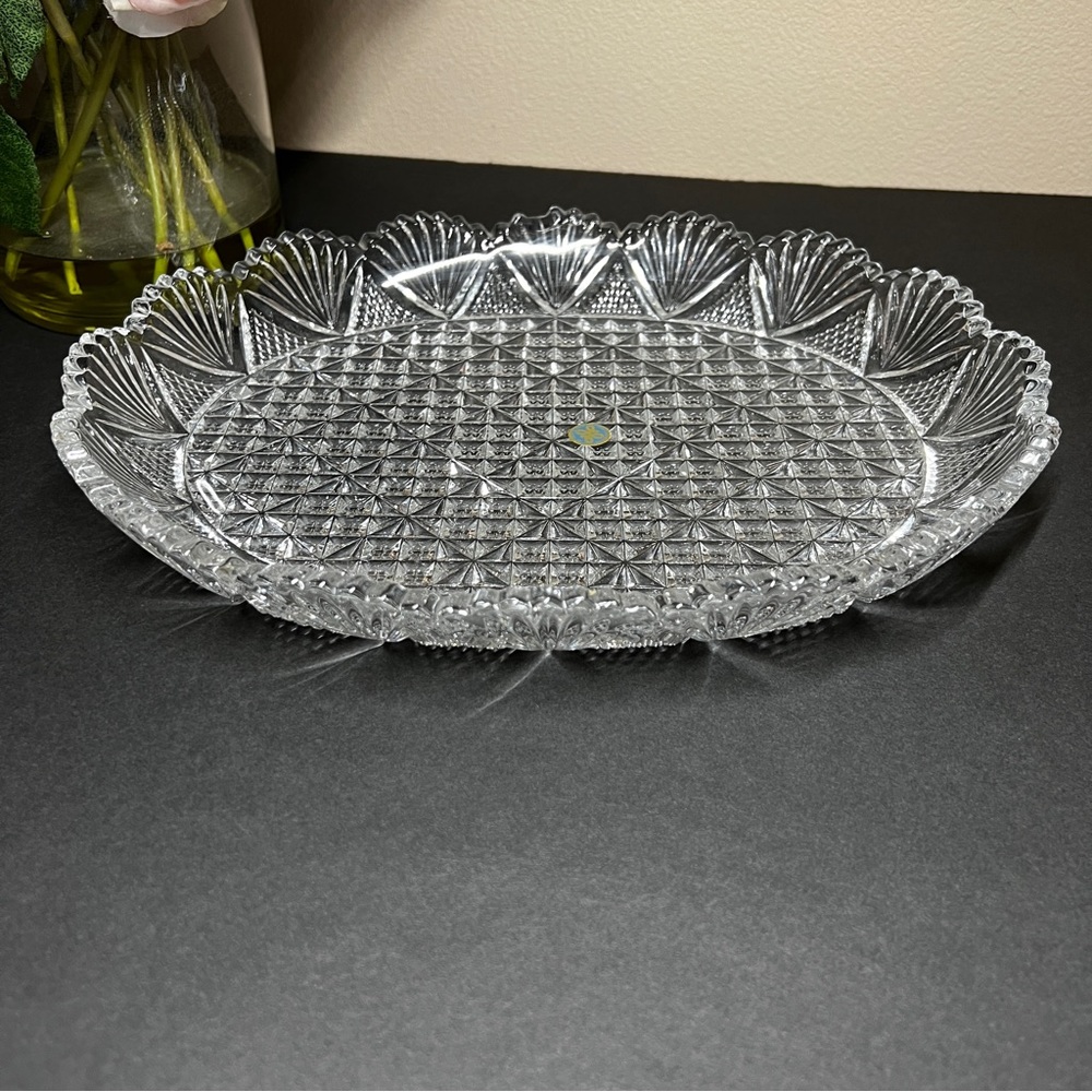 Hoya Cut Crystal Vtg 12” Oval Scallop Edge Platter Original Sticker Japan *flaw